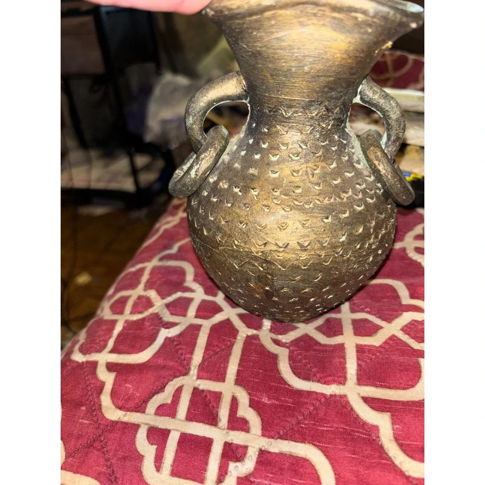 Vintage Style Textured Bronze Metal Bud Vase with Verdigris Patina Ring Handles